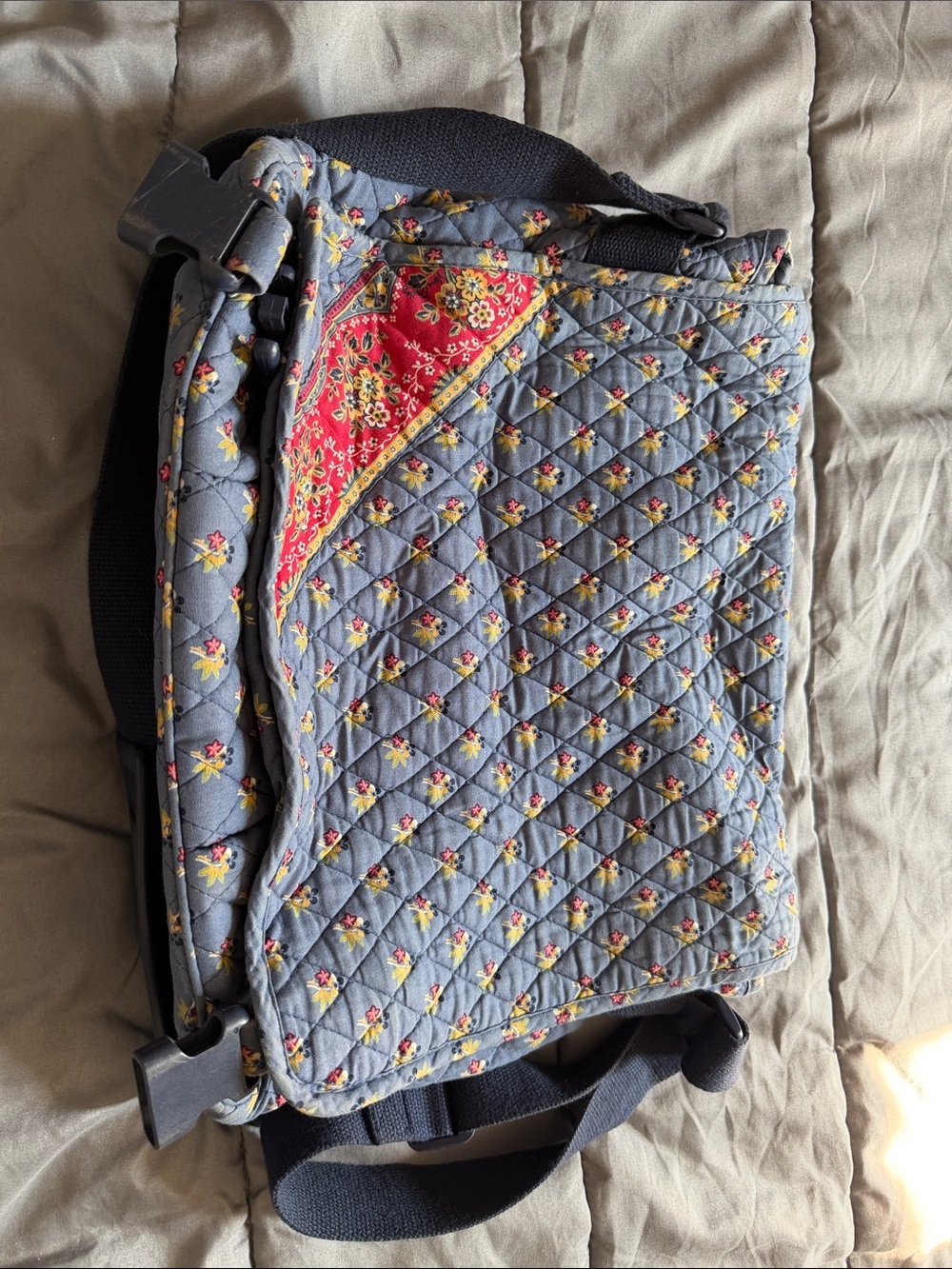 Vera Bradley Quilted Shoulder Bag in Blue with Red Floral Accent